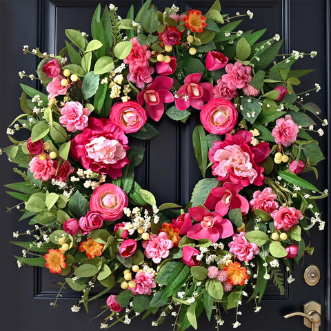 Waipfaru 26-inch spring wreath on front door for a bold welcome.