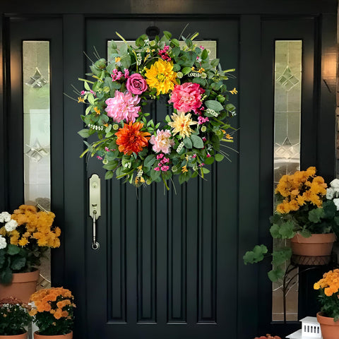 Waipfaru spring wreath highlights eucalyptus greenery for a fresh, natural look.