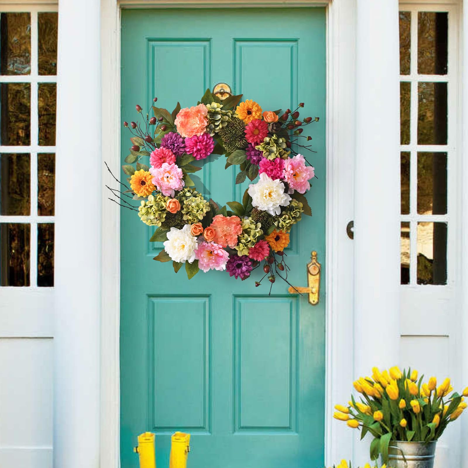 Waipfaru Spring Wreath peony detail showcases vibrant color for door display.