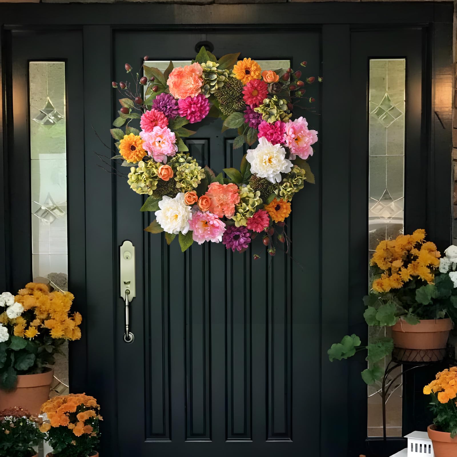 Waipfaru Spring Wreath accents porch decor with seasonal charm.
