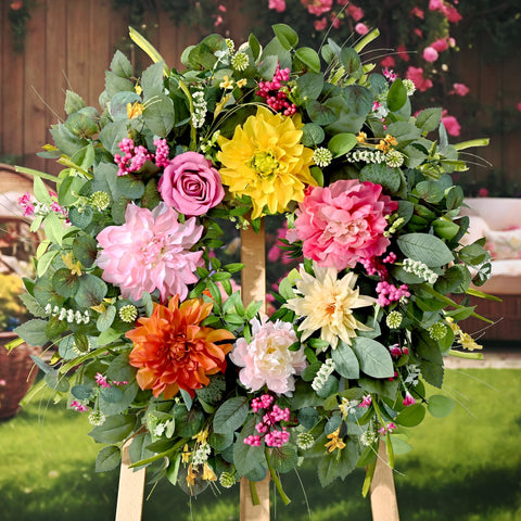 Waipfaru spring wreath on porch or balcony creates inviting exterior decor.
