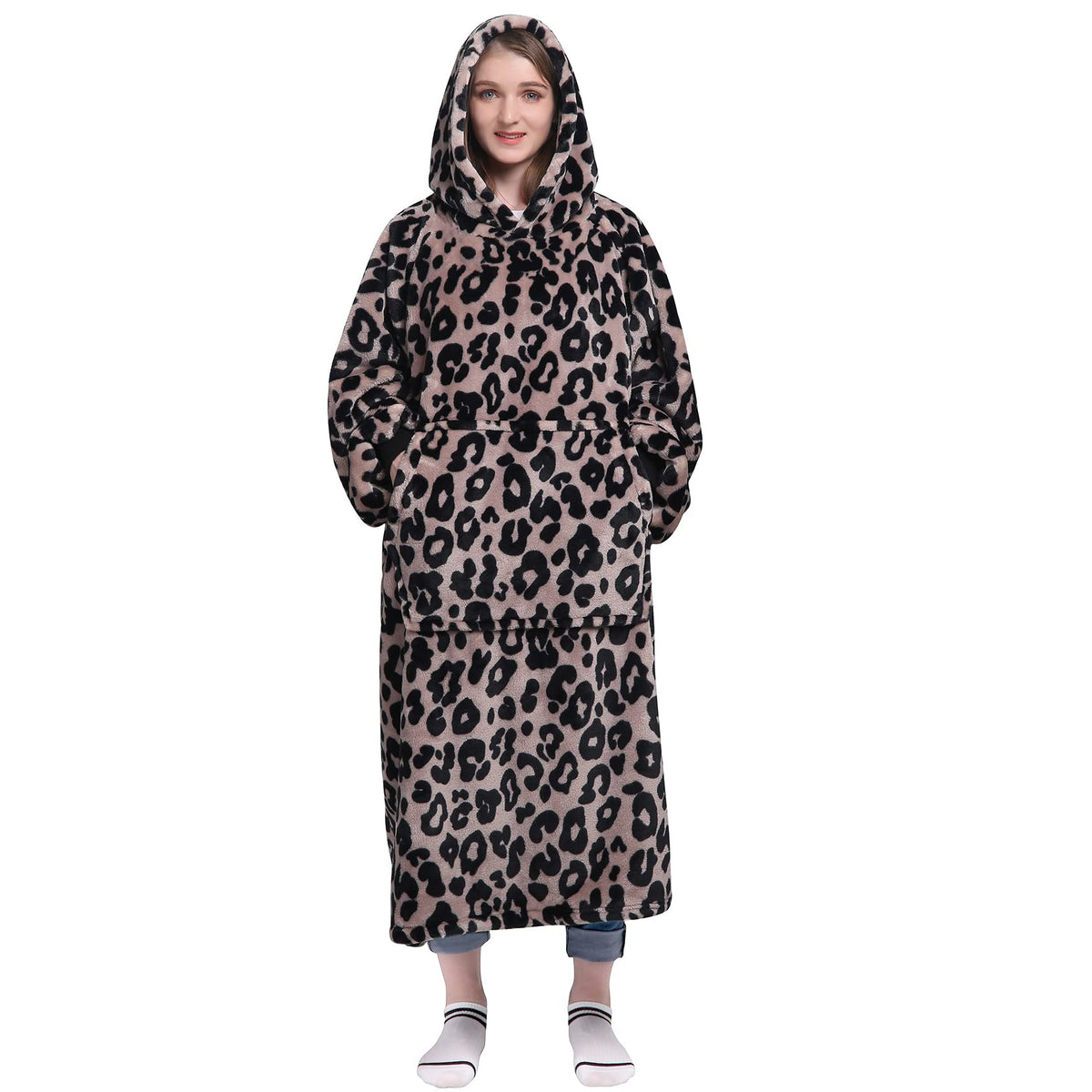 Waitu leopard blanket hoodie front view for cozy home lounging and relaxation.