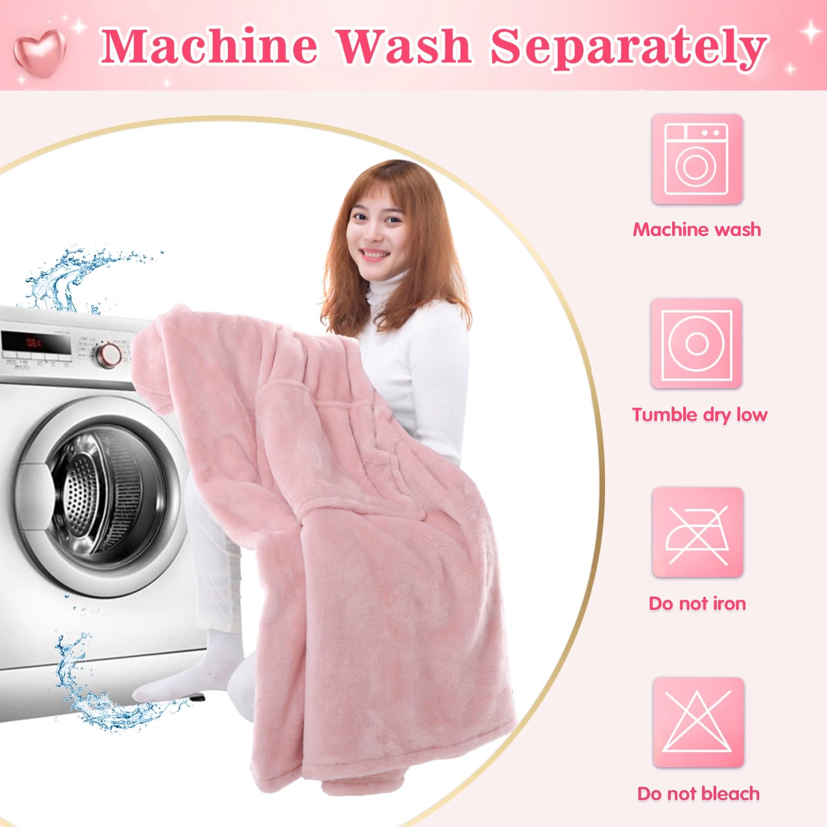 Waitu blanket hoodie pink care instructions view shows easy cold wash and low heat drying.