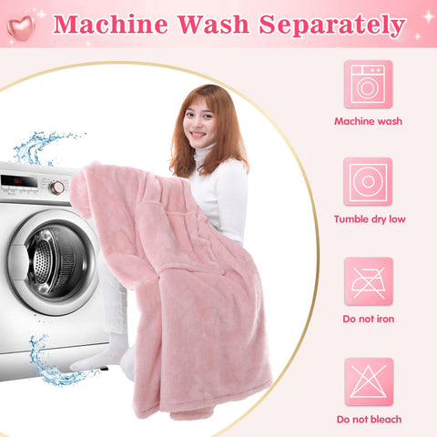 Waitu blanket hoodie pink care instructions view shows easy cold wash and low heat drying.