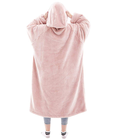 Waitu wearable blanket hoodie pink hood closeup emphasizes plush comfort and head warmth.
