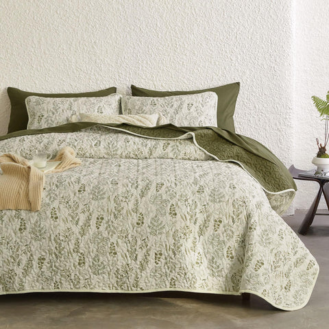 Wake In Cloud botanical-pattern shams pair with the 3-piece set for classic decor.