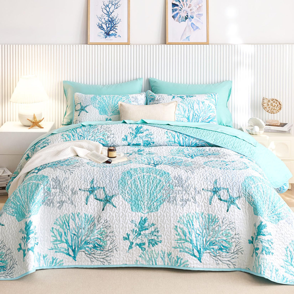 Wake In Cloud coastal quilt with aqua seashell pattern for a serene beach-inspired bedroom