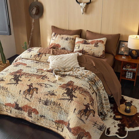 Wake In Cloud reversible ochre-brown quilt offers two looks in one lightweight cover.