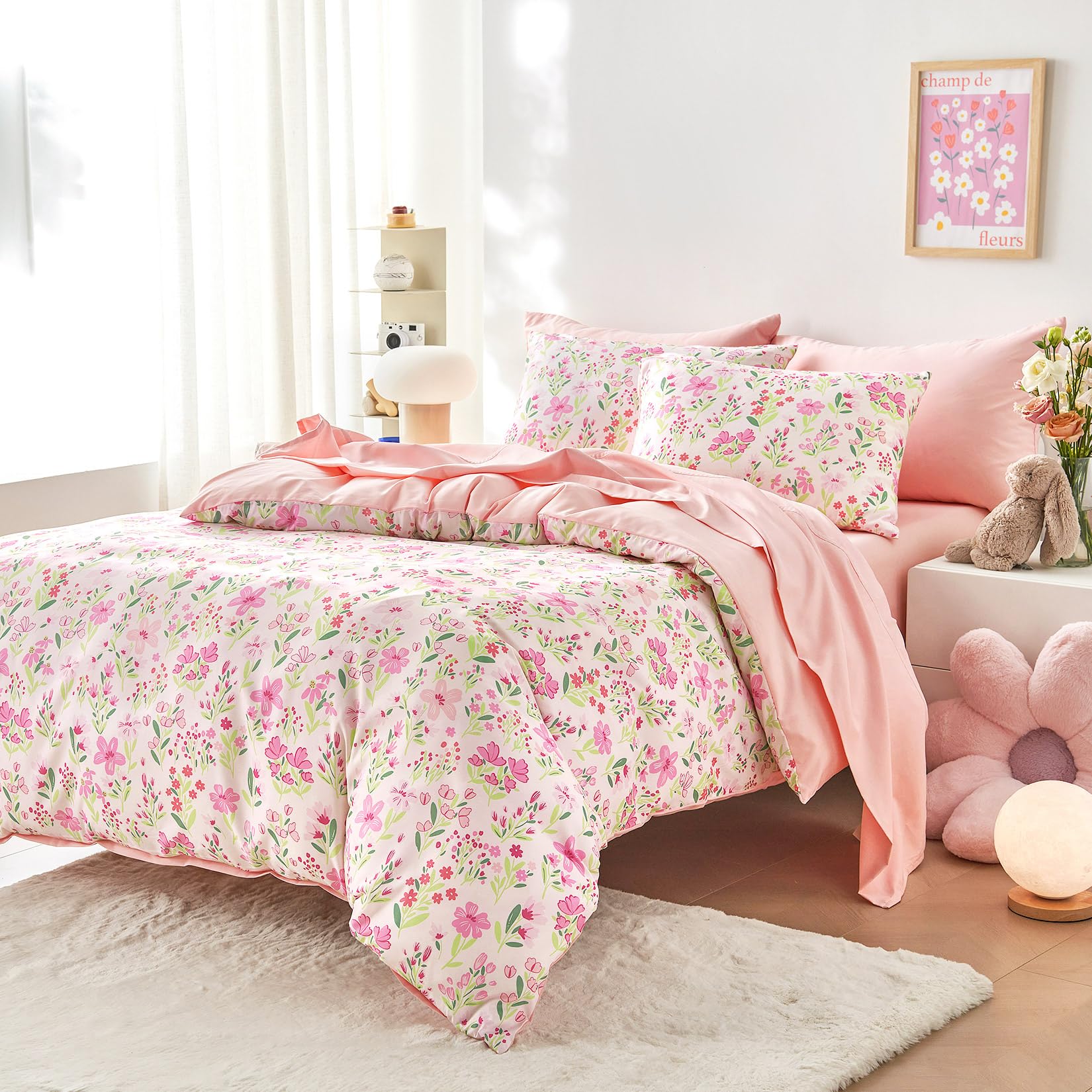 Wake In Cloud twin flat sheet with colorful botanical design enhances playful bedtime.