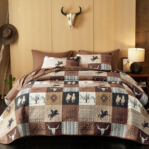 Wake In Cloud western quilt patchwork pattern highlights Southwestern design for rustic bedrooms.