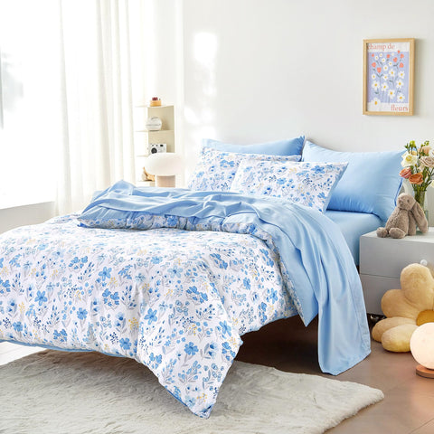 Wake In Cloud blue white floral flat sheet displays cheerful botanical design