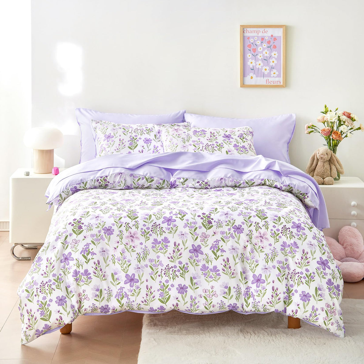 Wake In Cloud twin comforter with purple and white florals for cozy nights.