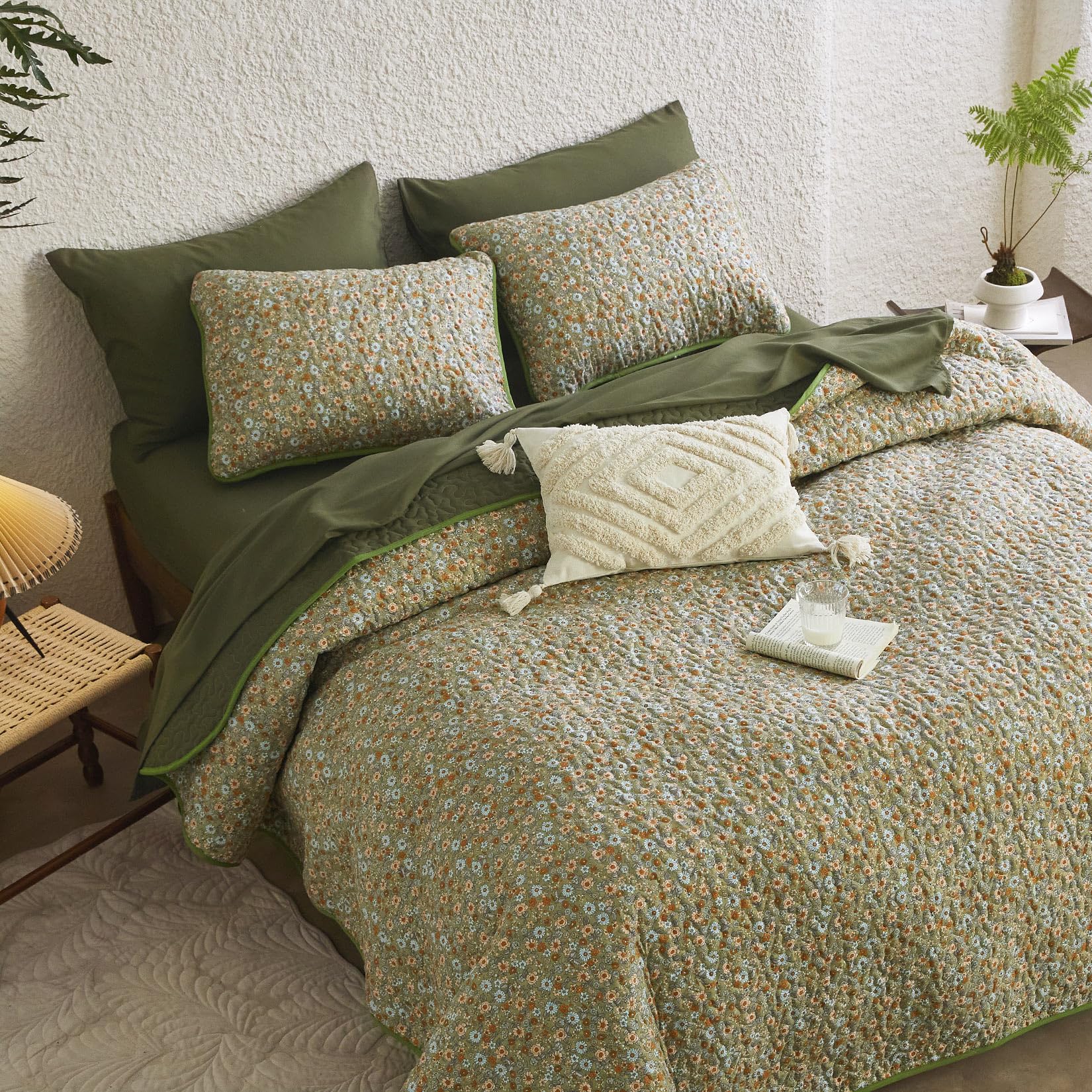 Wake In Cloud olive green bedspread offers lightweight warmth and a fresh look