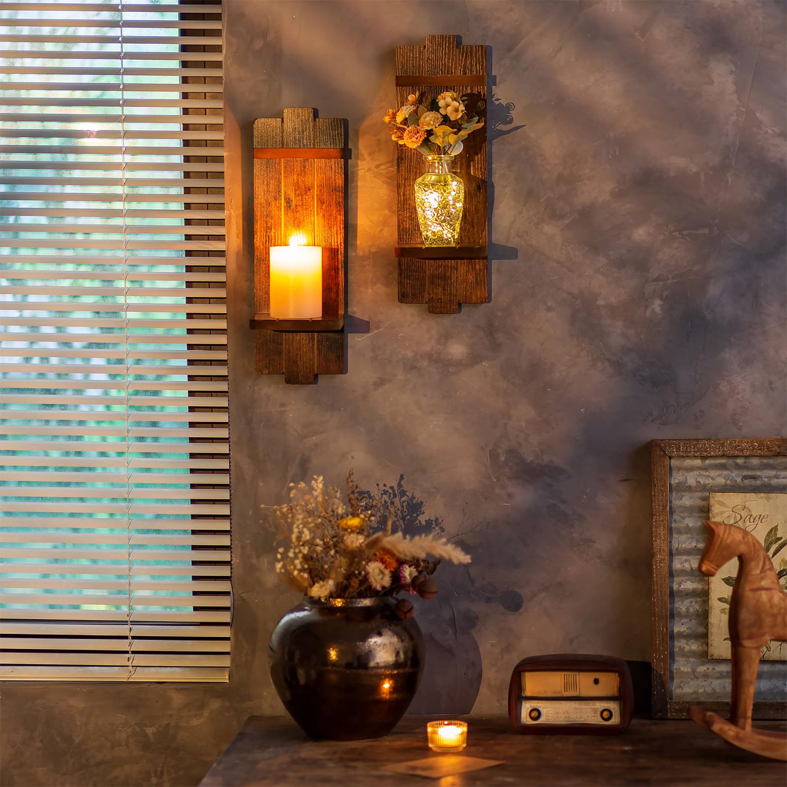 Walasis brown wooden candle sconce set brightens living room above mantel
