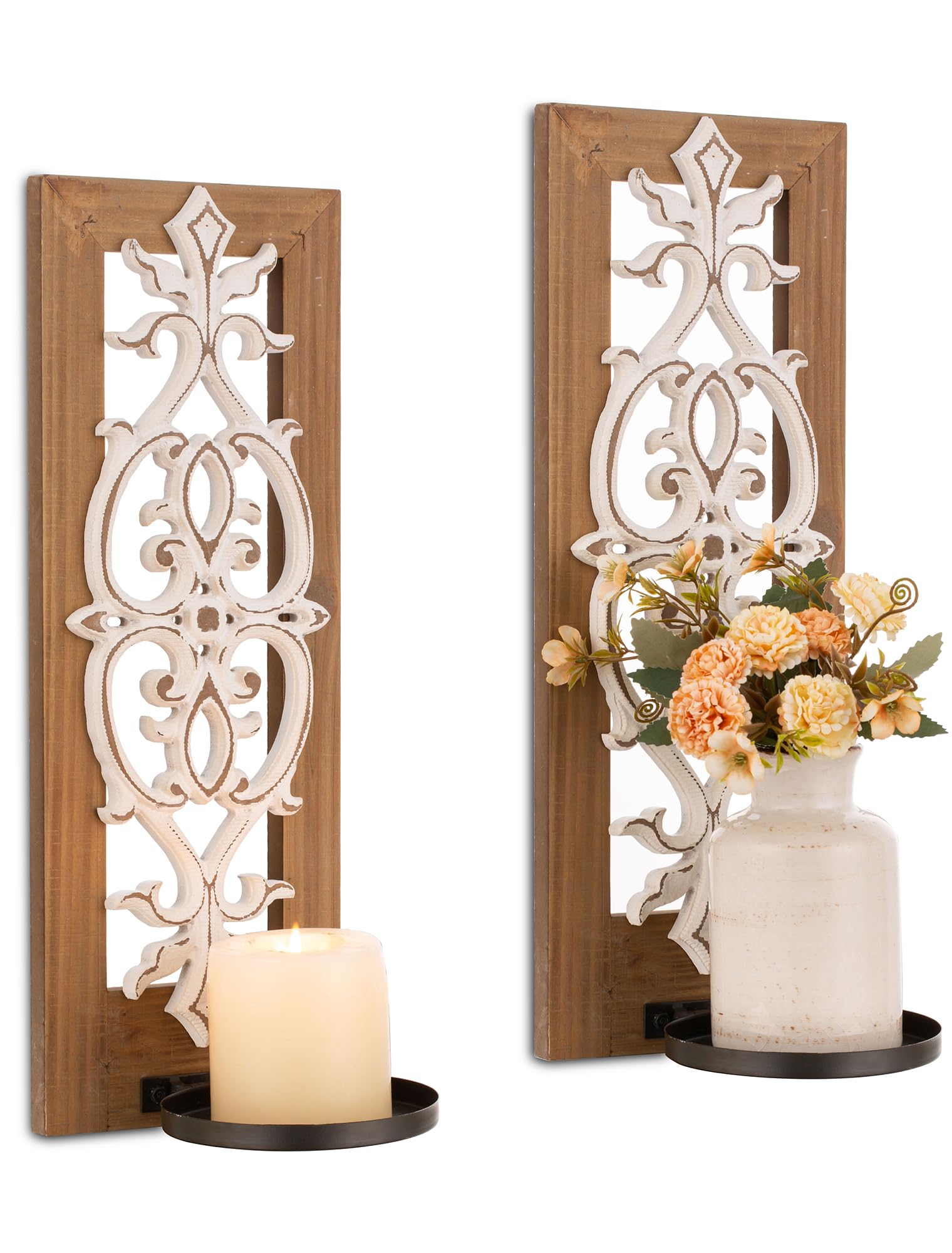 Walasis farmhouse wood candle sconce duo with rustic finish for cozy living spaces.