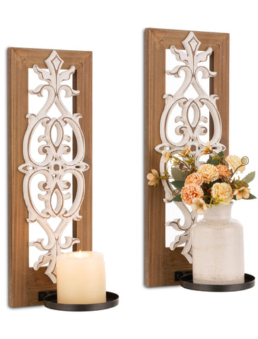 Walasis farmhouse wood candle sconce duo with rustic finish for cozy living spaces.