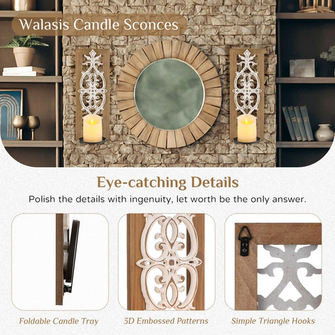 Walasis wall mount candle holder enhances fireplace mantels with warm glow.