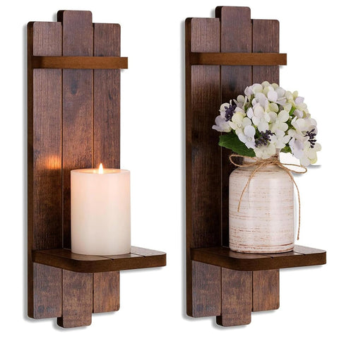 Walasis rustic candle holder wooden wall sconce pair in brown adds warm farmhouse charm