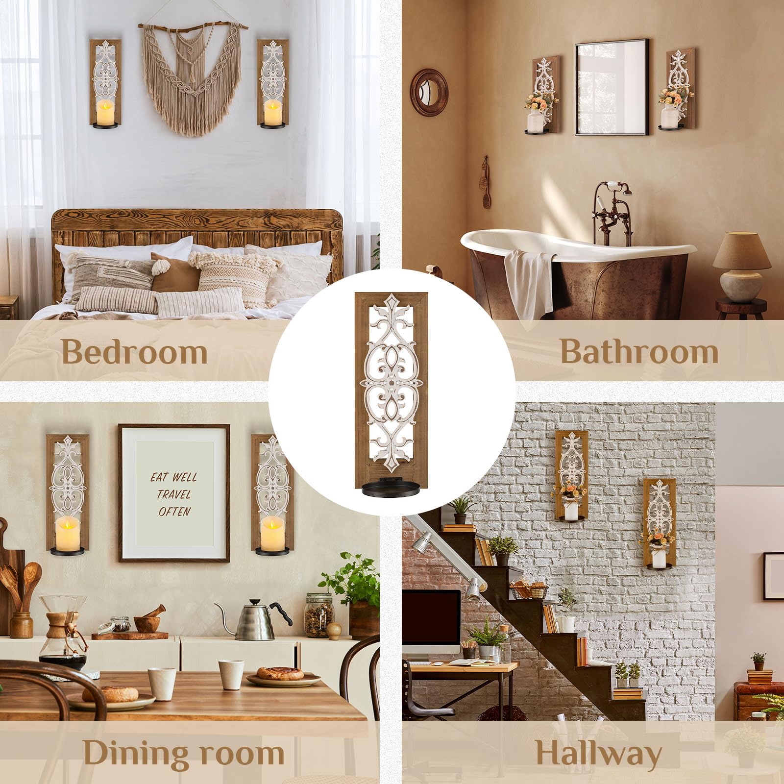 Walasis pair of sconces frame walls with distressed brown wood.