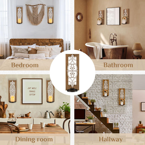 Walasis pair of sconces frame walls with distressed brown wood.