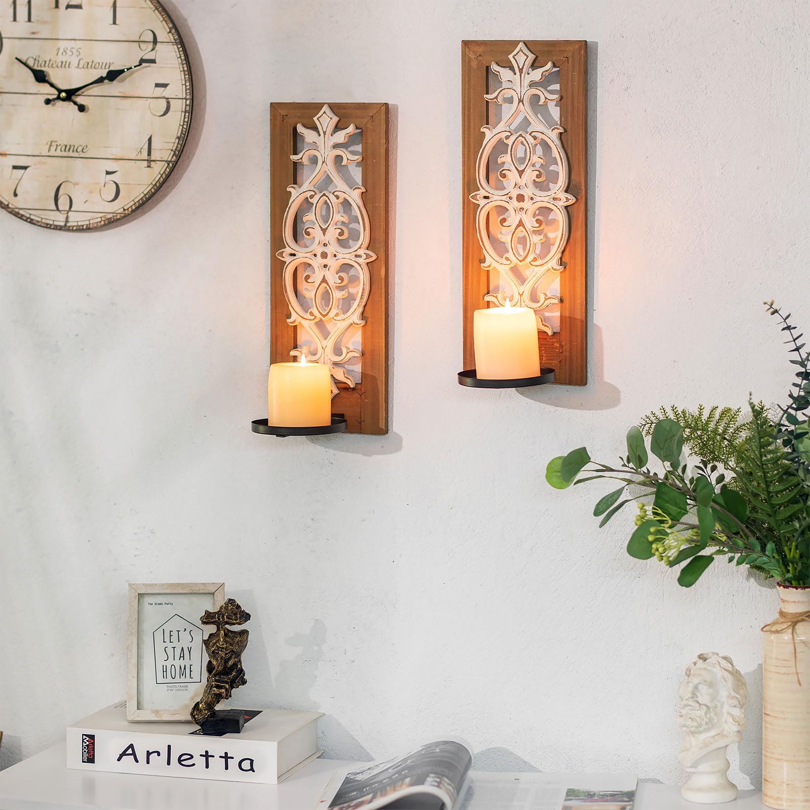Walasis whitewashed wall sconce with embossed pattern adds vintage charm.