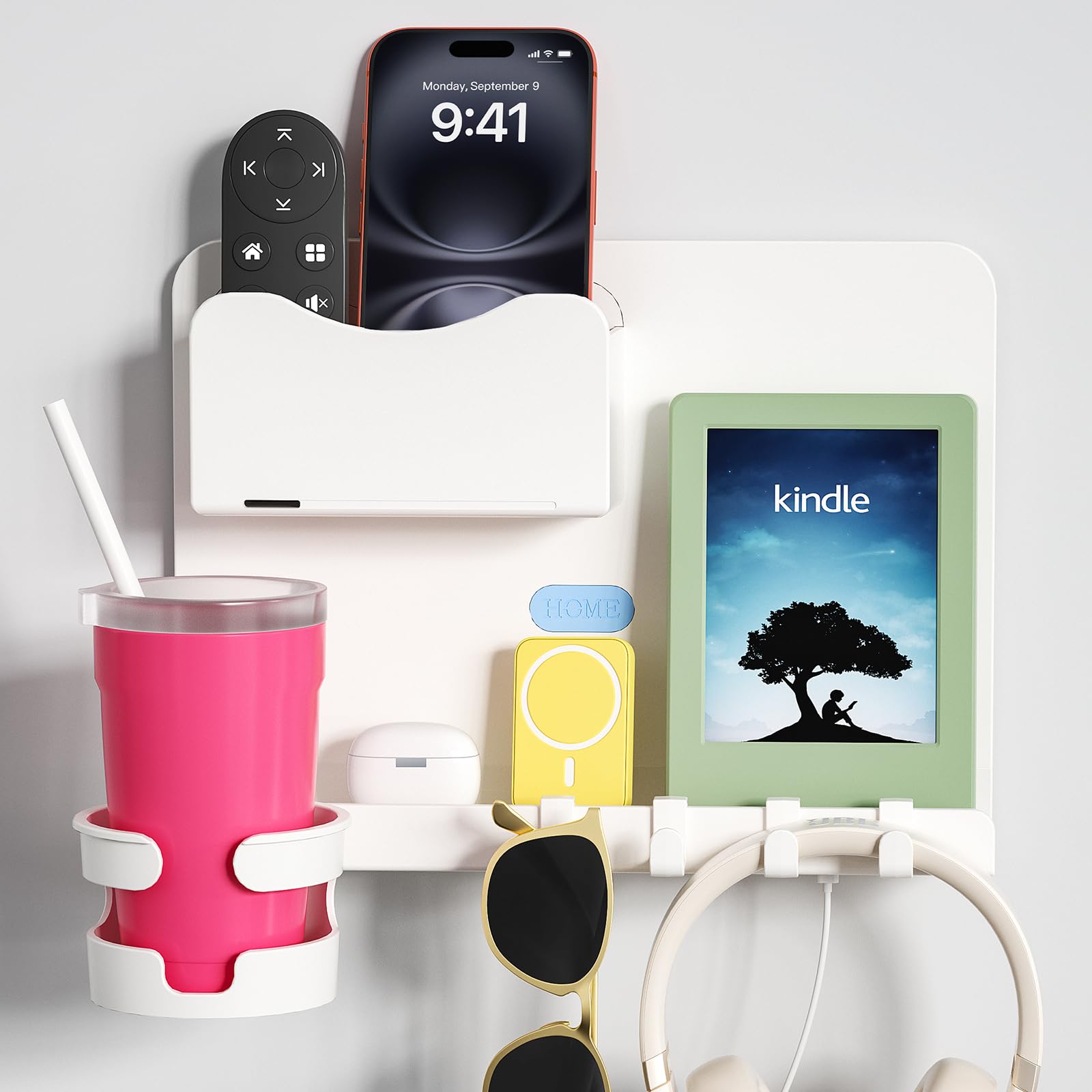 WALfuyao bedside wall shelf showing removable hooks for flexible organization.