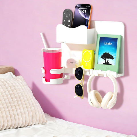 WALfuyao floating bedside shelf with cup holder for tidy nightstand.