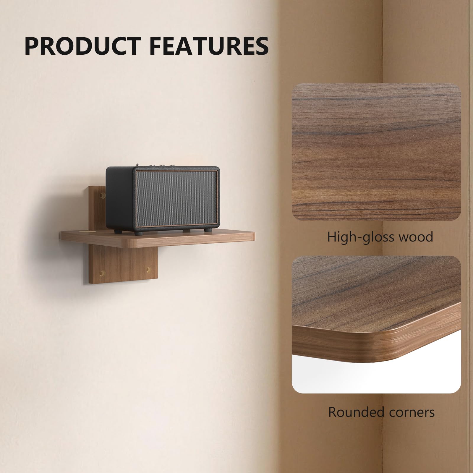 WALI walnut brown shelf on wall displaying a compact DVD player and router with tidy cables.