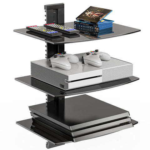WALI floating TV shelf 3-tier glass front view shows a clutter-free living room.