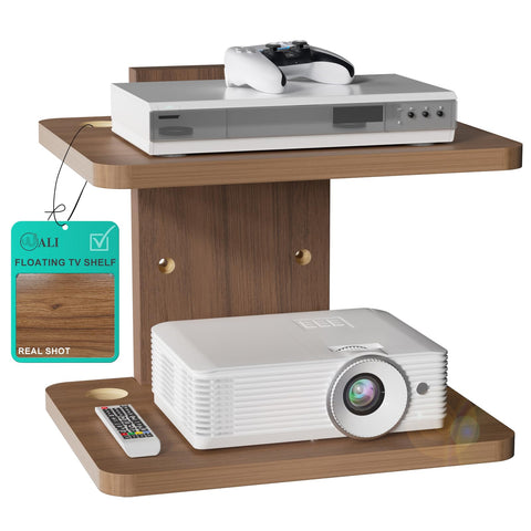 WALI floating TV shelf mounted on wall saves floor space with Walnut Brown finish.