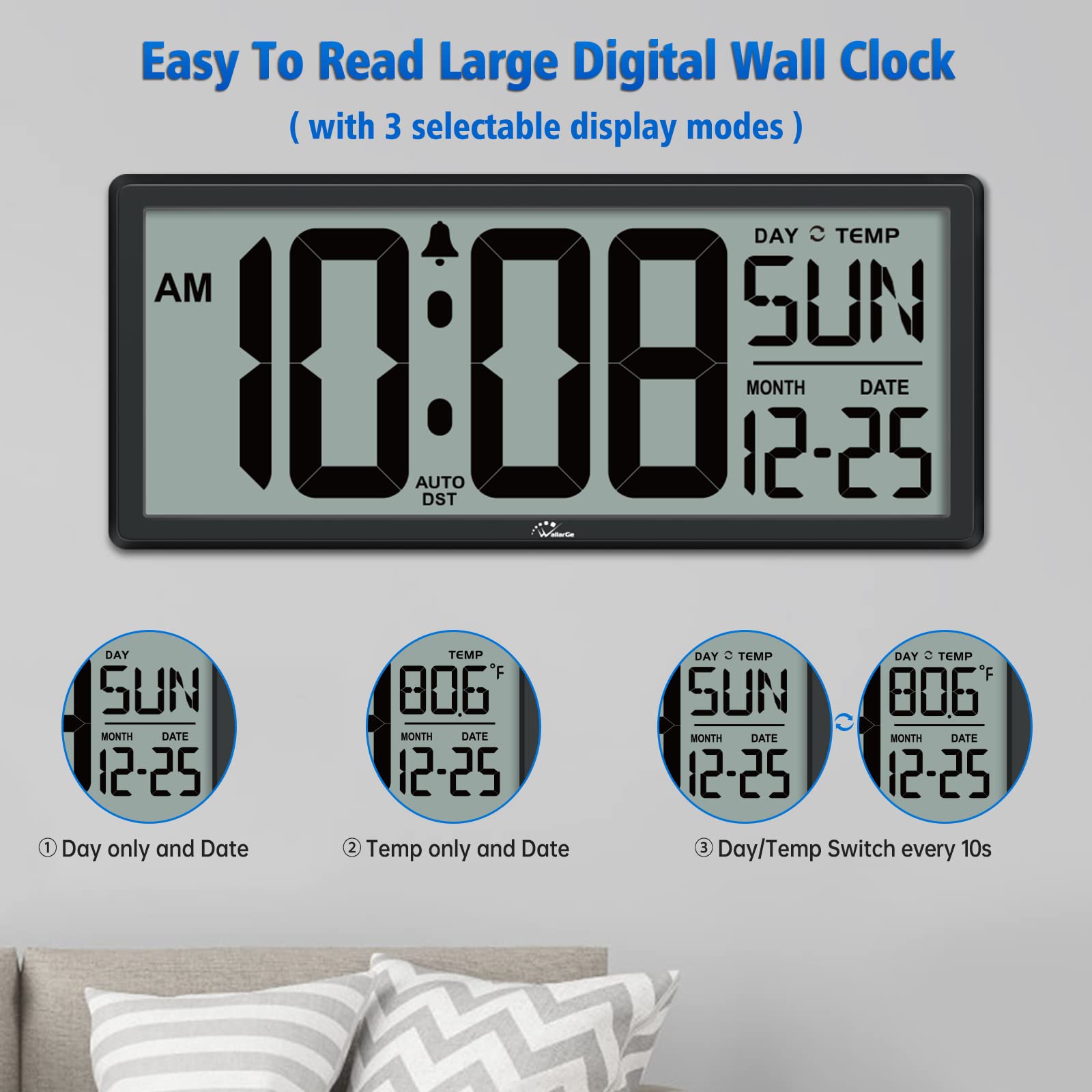 WallarGe clock temperature readout shows room temperature at a glance.