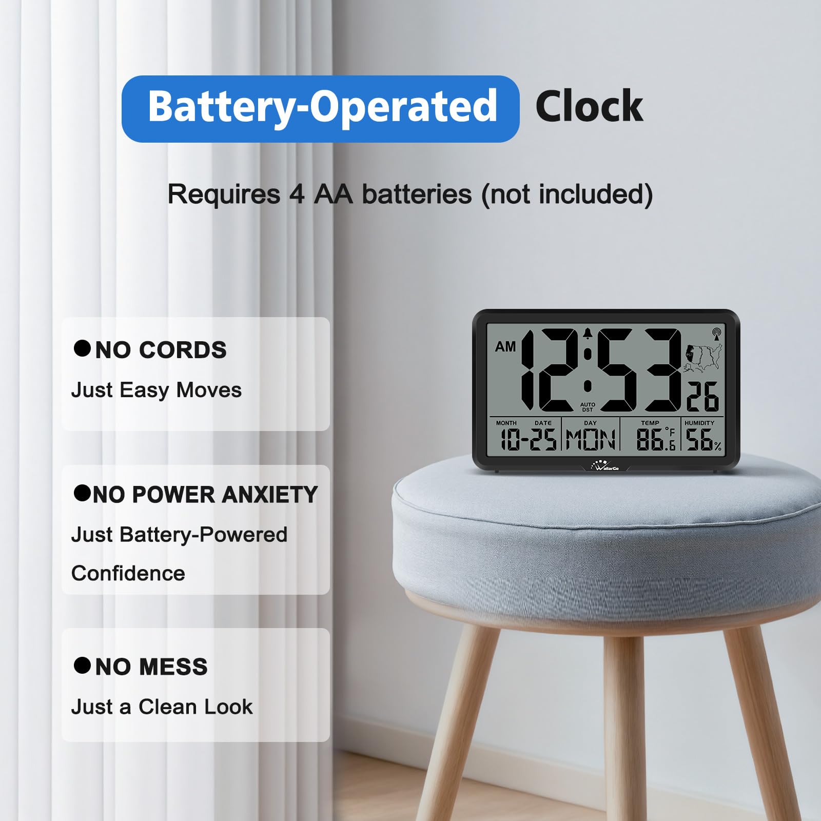 WallarGe Clock offering 12/24 hour formats and Fahrenheit or Celsius units.