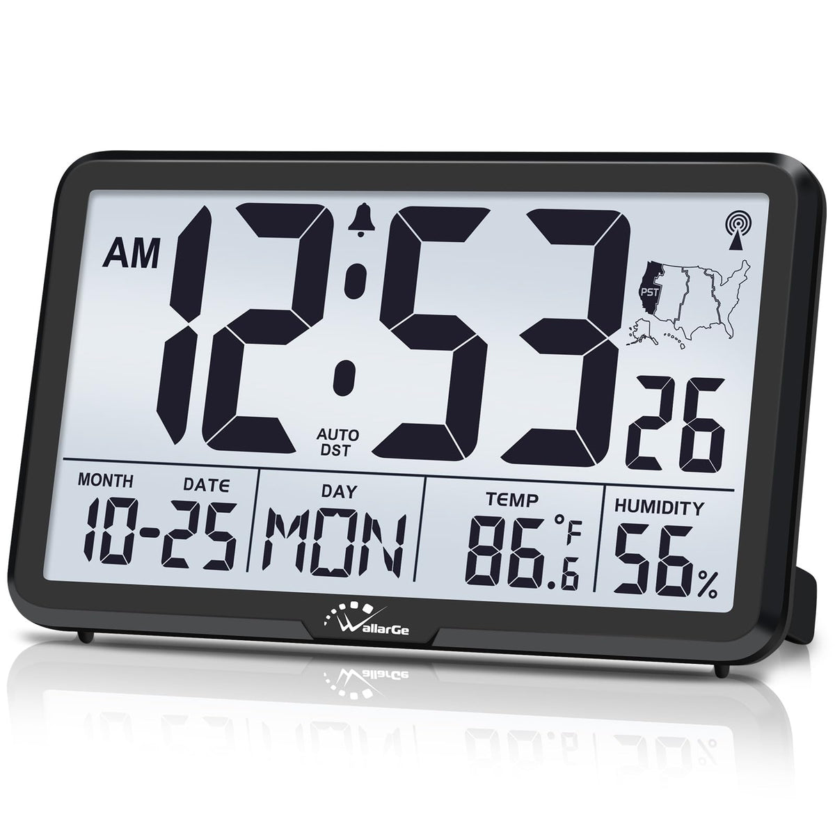 WallarGe Atomic Clock with backlight displaying large digits for easy viewing from across the room.