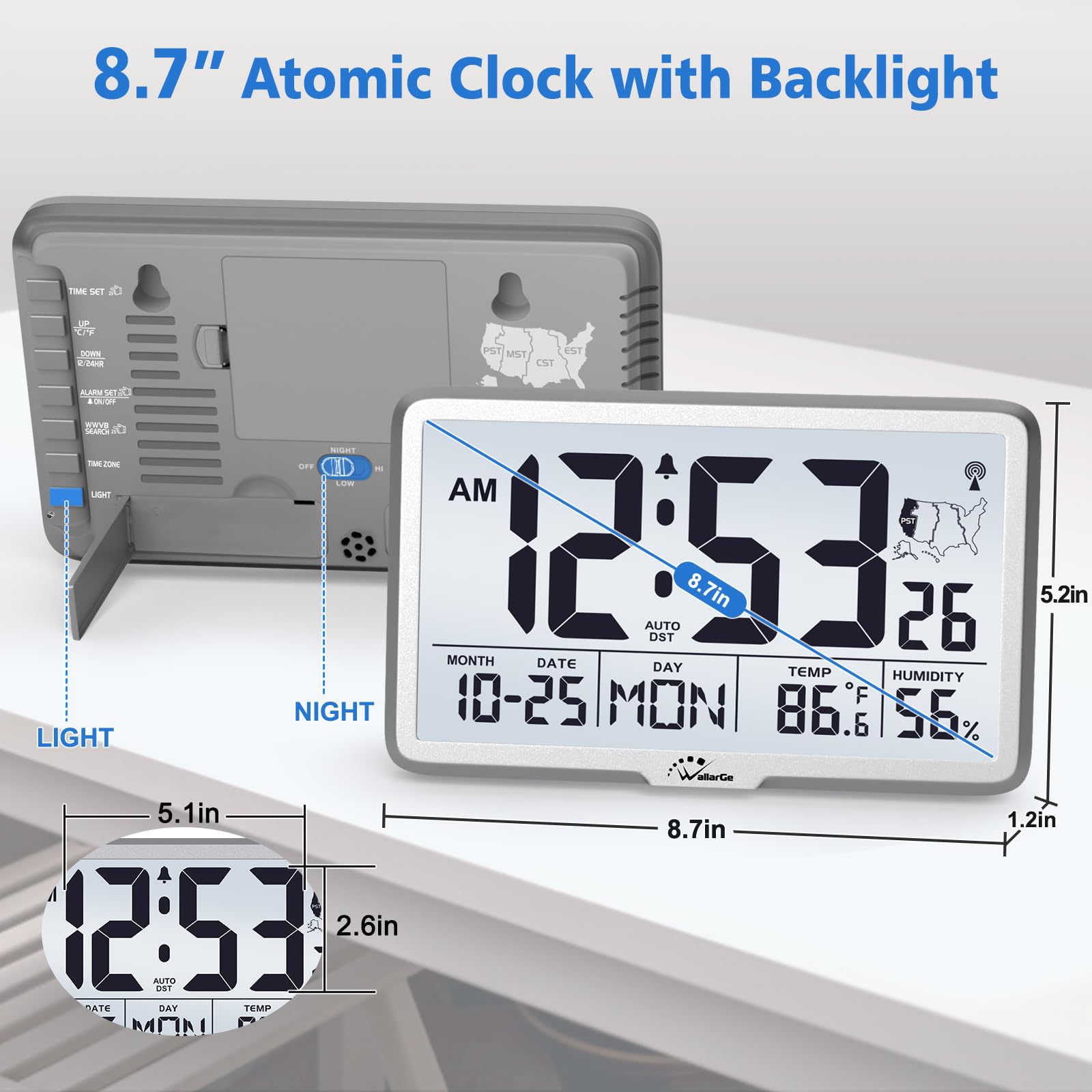 WallarGe Atomic Clock backlight settings for clear visibility in dim rooms.
