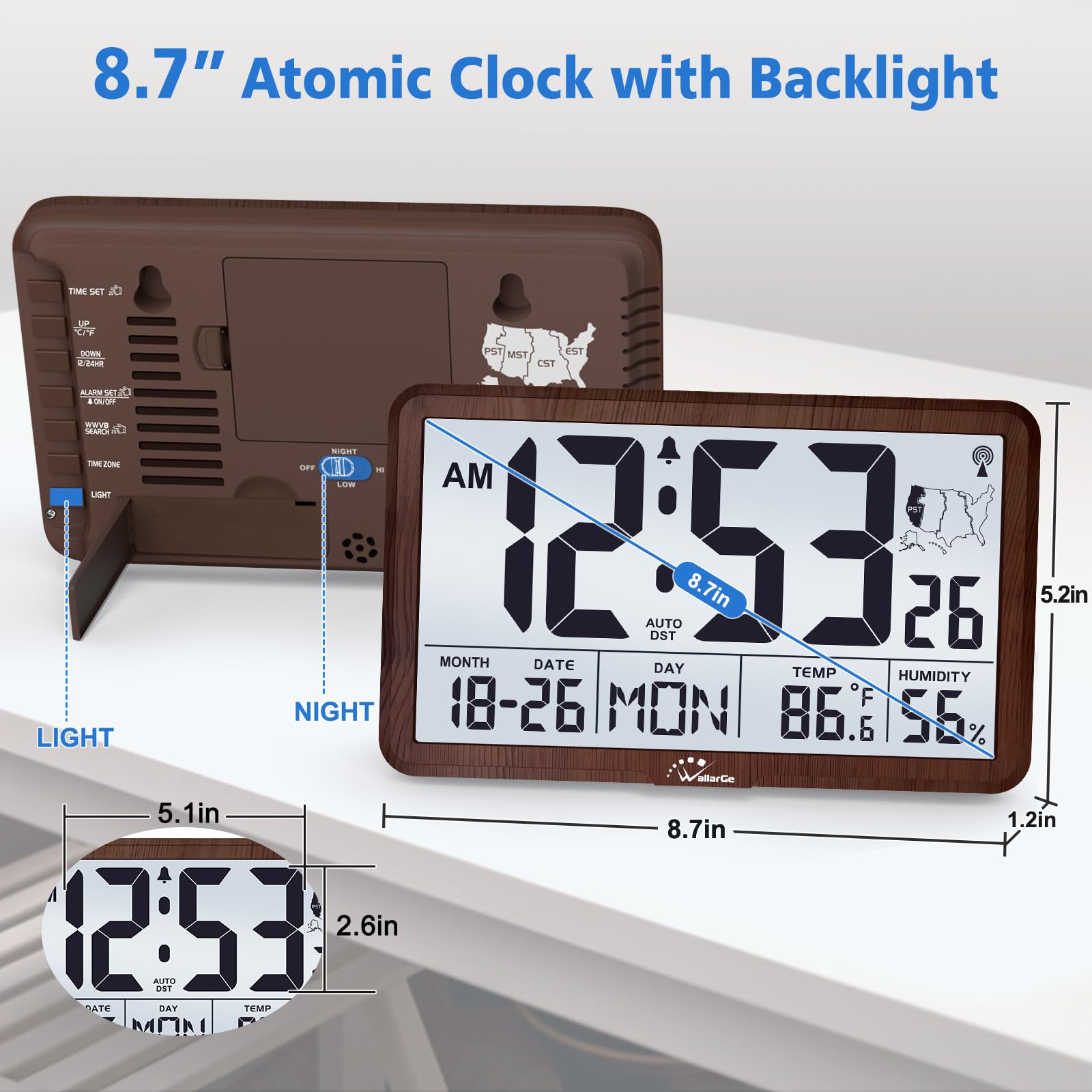 WallarGe Atomic Clock backlit display for clear viewing in low light.