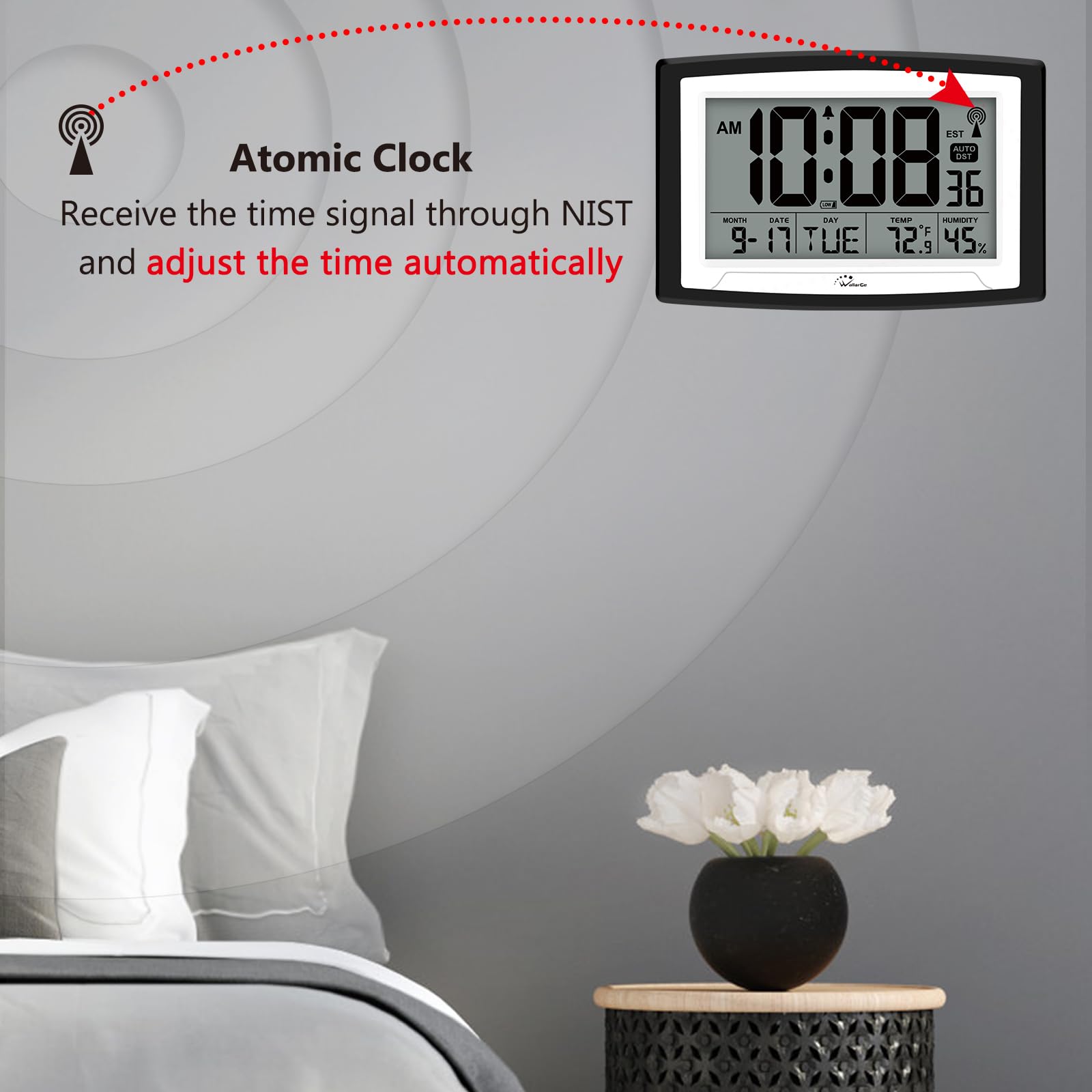 WallarGe Atomic Clock battery-operated alarm; reliable wake-up without cords.