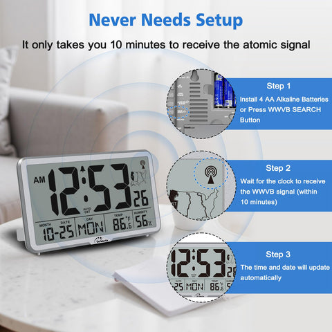 WallarGe Atomic Clock battery-operated design enables cord-free placement.