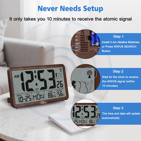 WallarGe Atomic Clock battery-powered setup for cord-free placement.