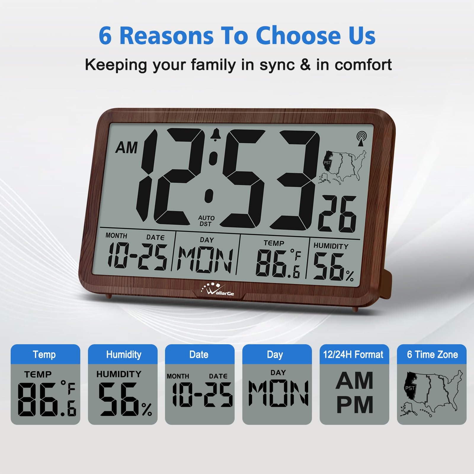 WallarGe Atomic Clock auto DST and six time zones for scheduling.