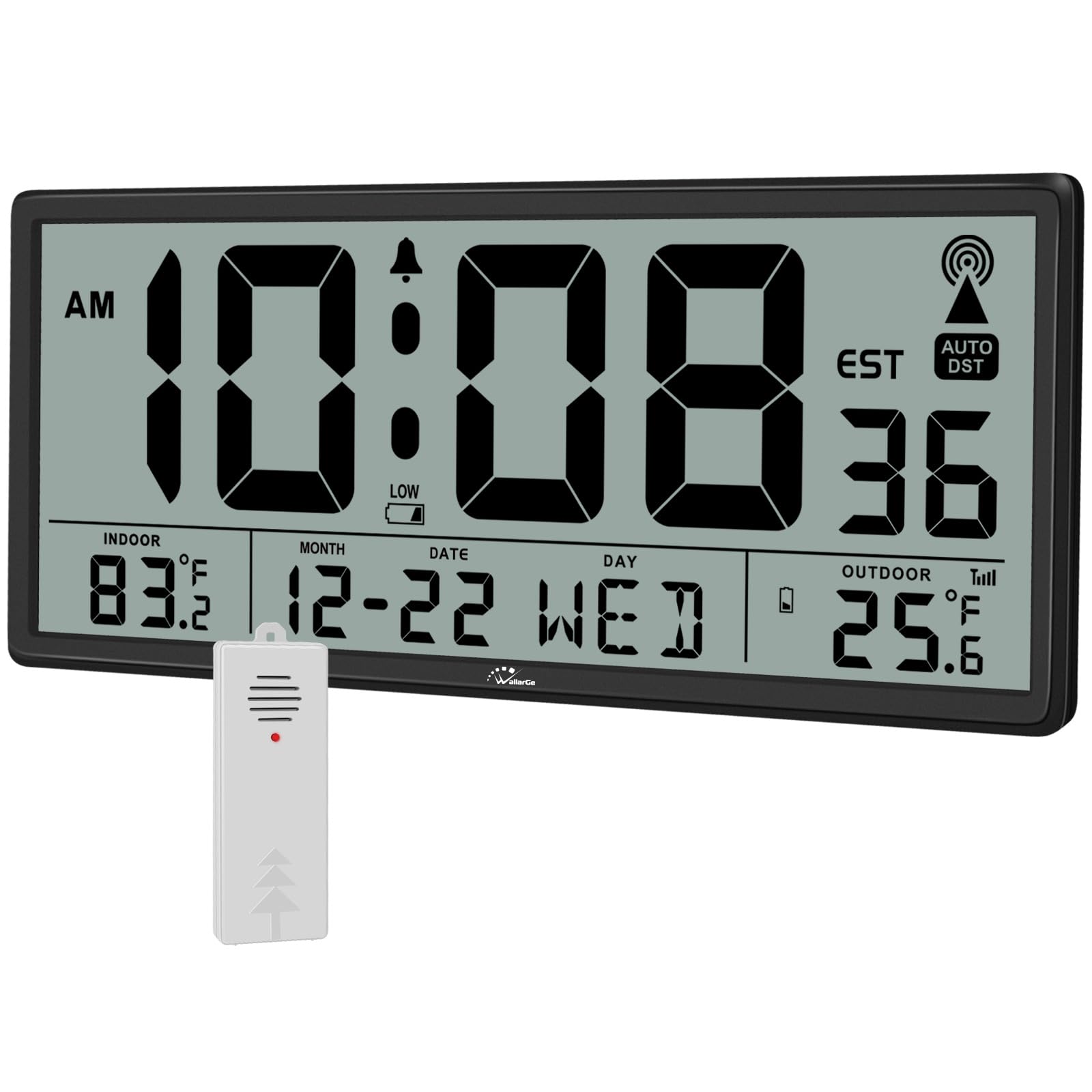 WallarGe atomic clock with indoor-outdoor temperature display for accurate room planning.