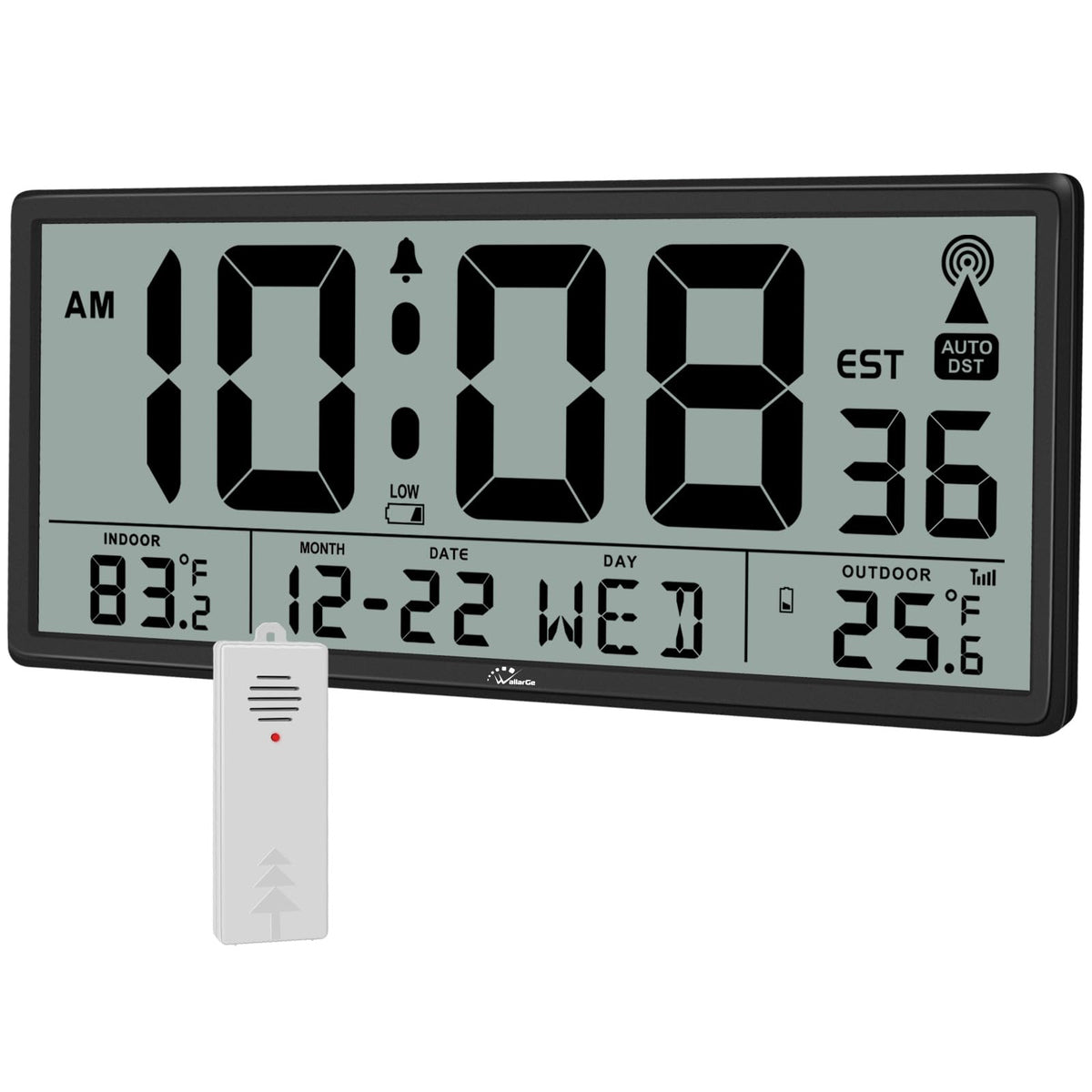WallarGe atomic clock with indoor-outdoor temperature display for accurate room planning.