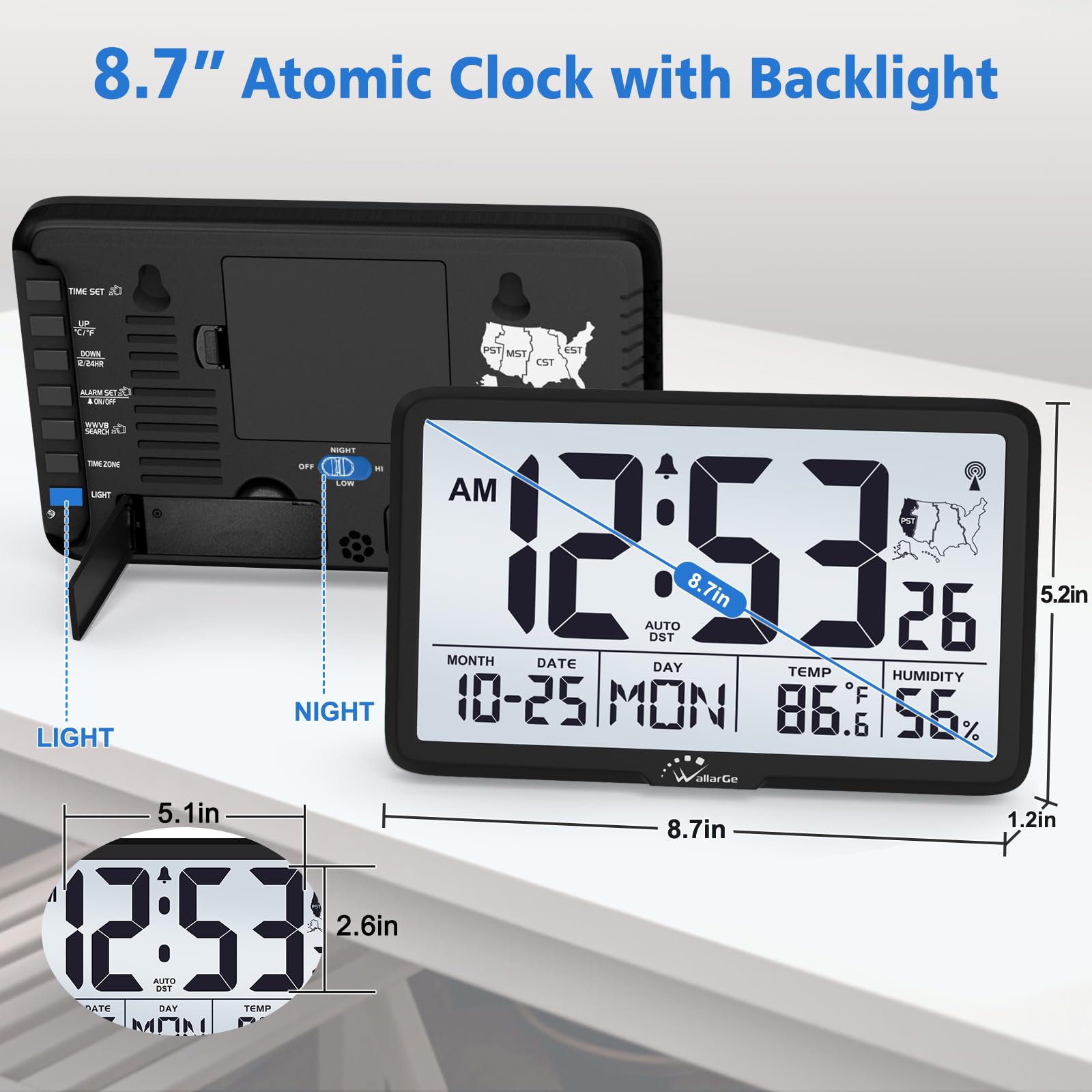WallarGe Atomic Clock showing a generous large digits display for quick time checks.