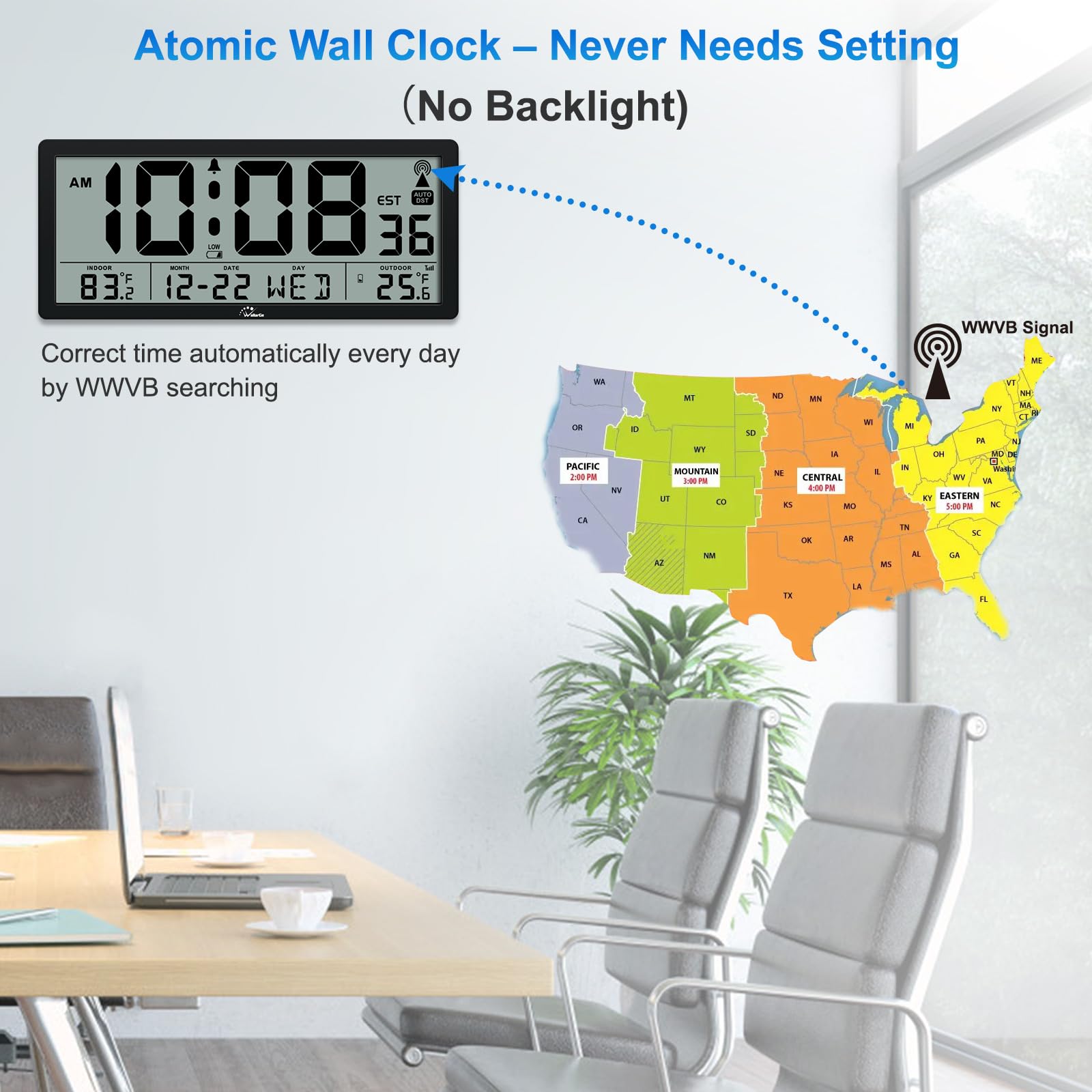 WallarGe atomic clock large display easy to read from across the room.