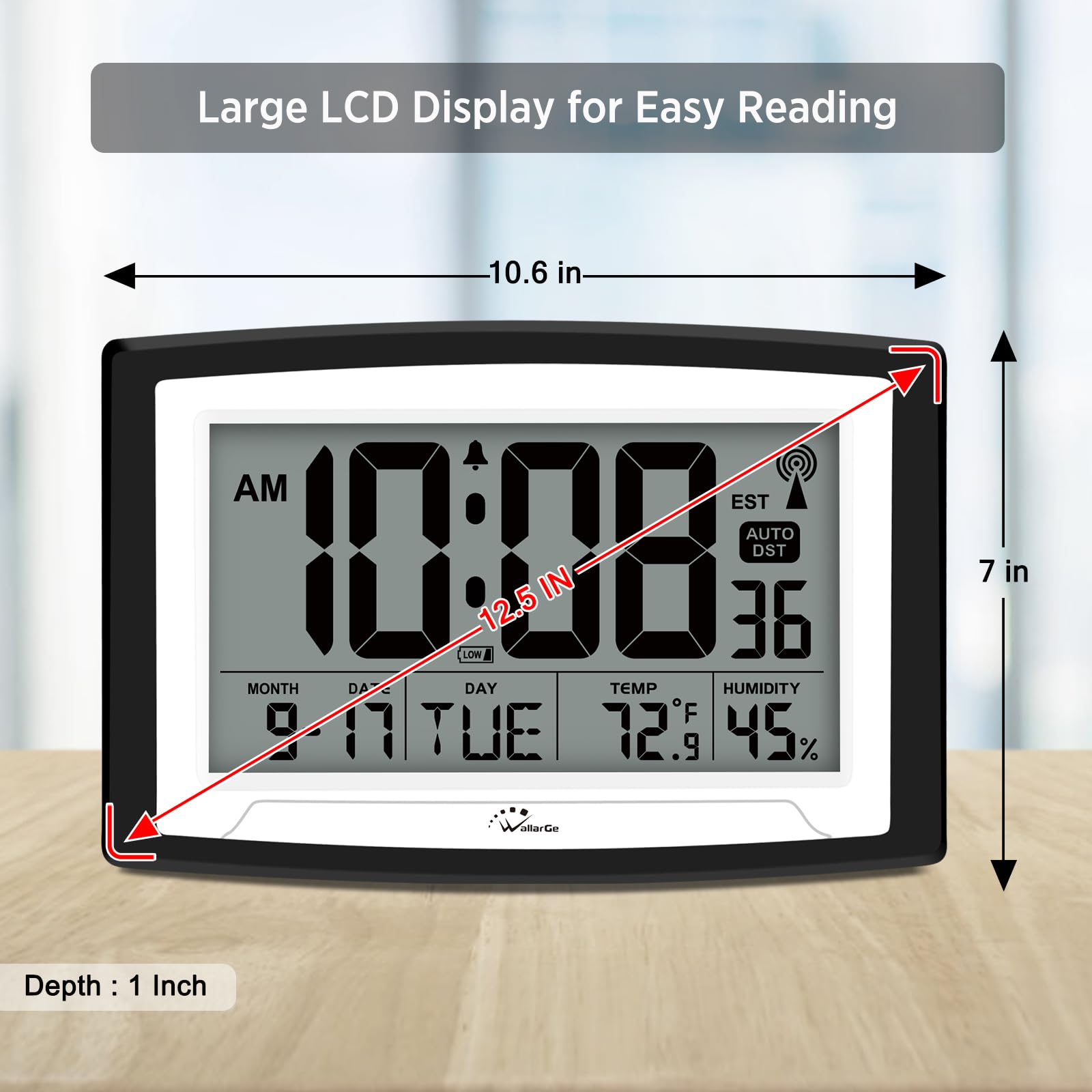 WallarGe Atomic Clock temperature-humidity readout; monitor indoor conditions at a glance.