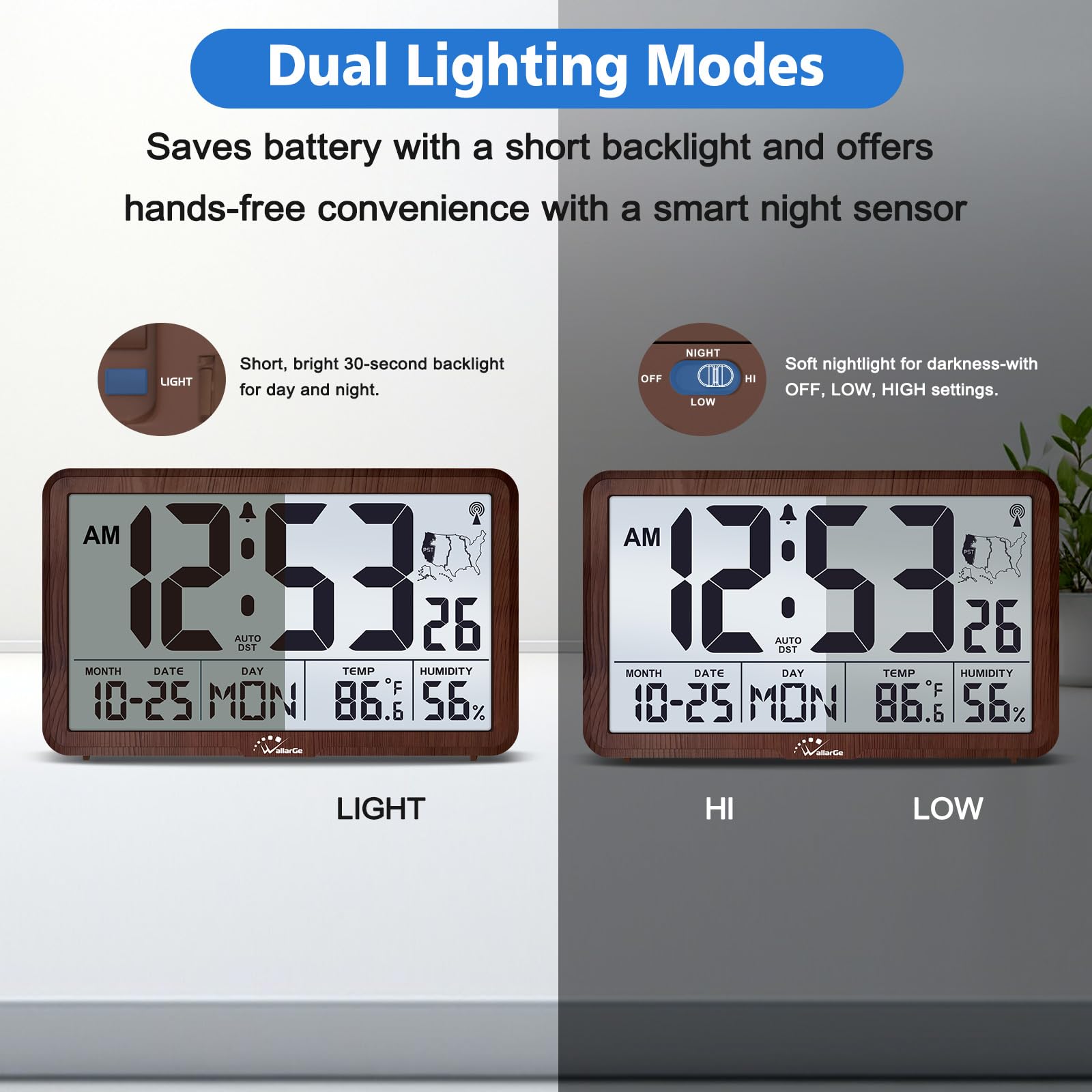 WallarGe Atomic Clock temperature and humidity readout for indoor comfort.