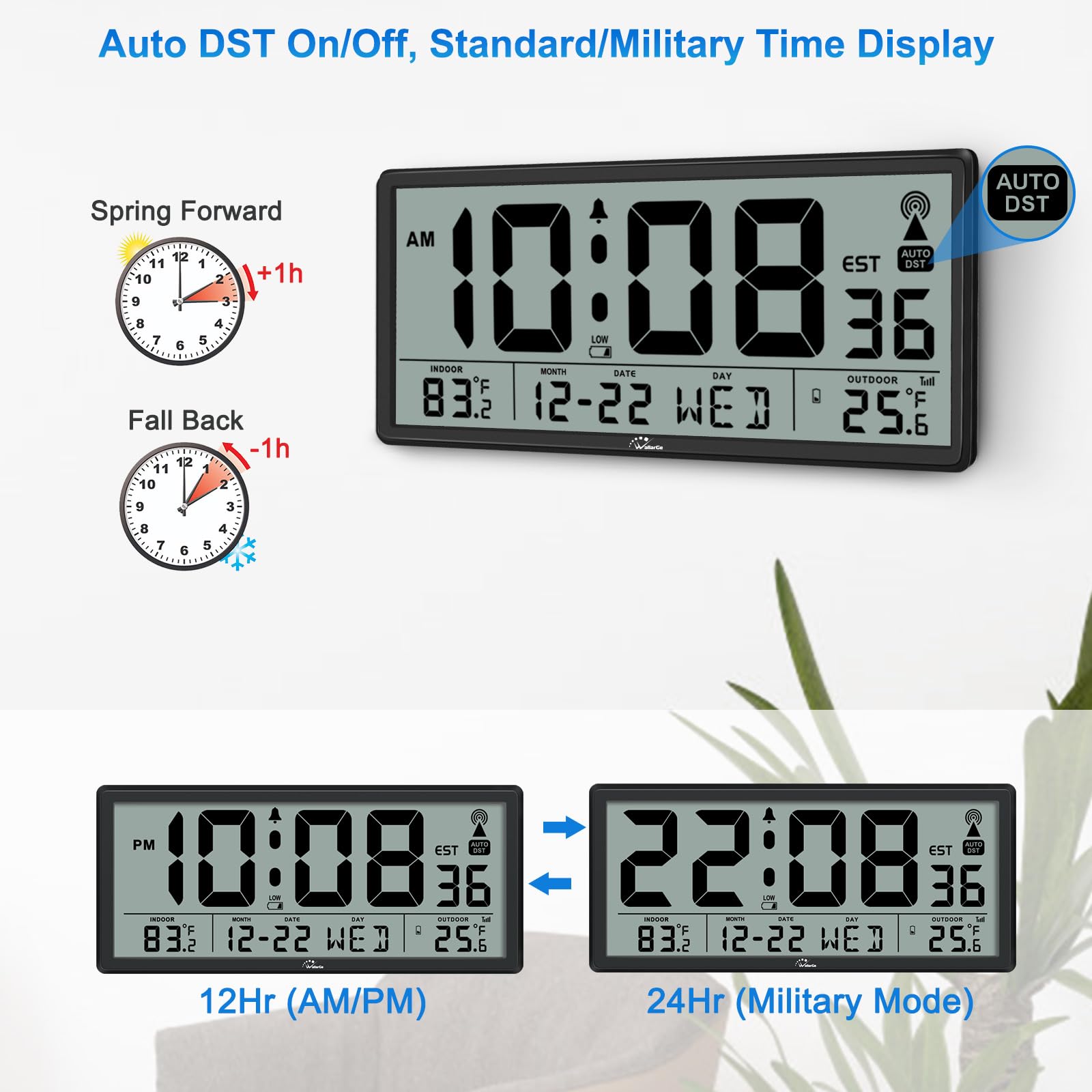 WallarGe clock supports wall mounting or desktop placement.