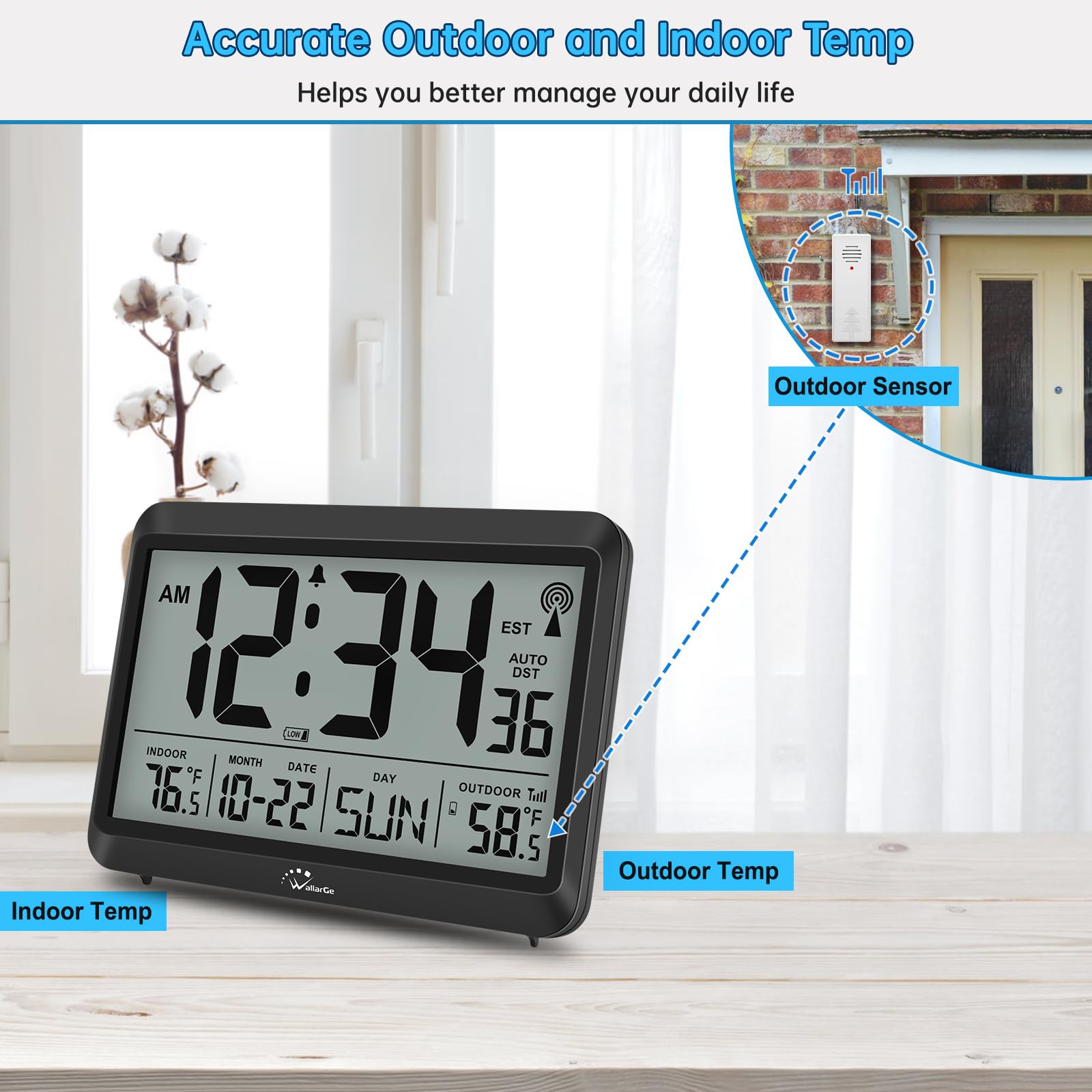 WallarGe clock showing auto DST and alarm indicators on screen