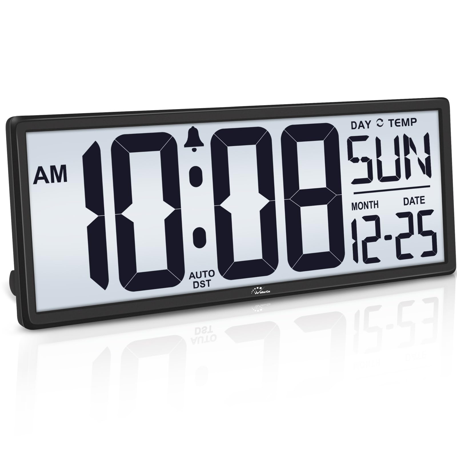 WallarGe backlight clock front view with large digits for easy reading.