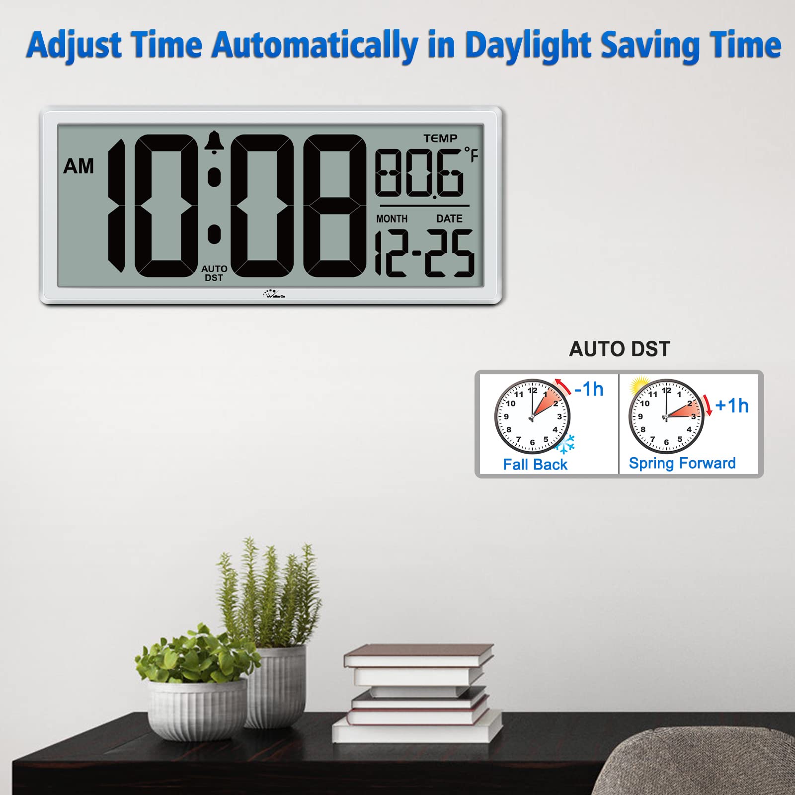 WallarGe battery-operated clock back panel with simple setup and controls