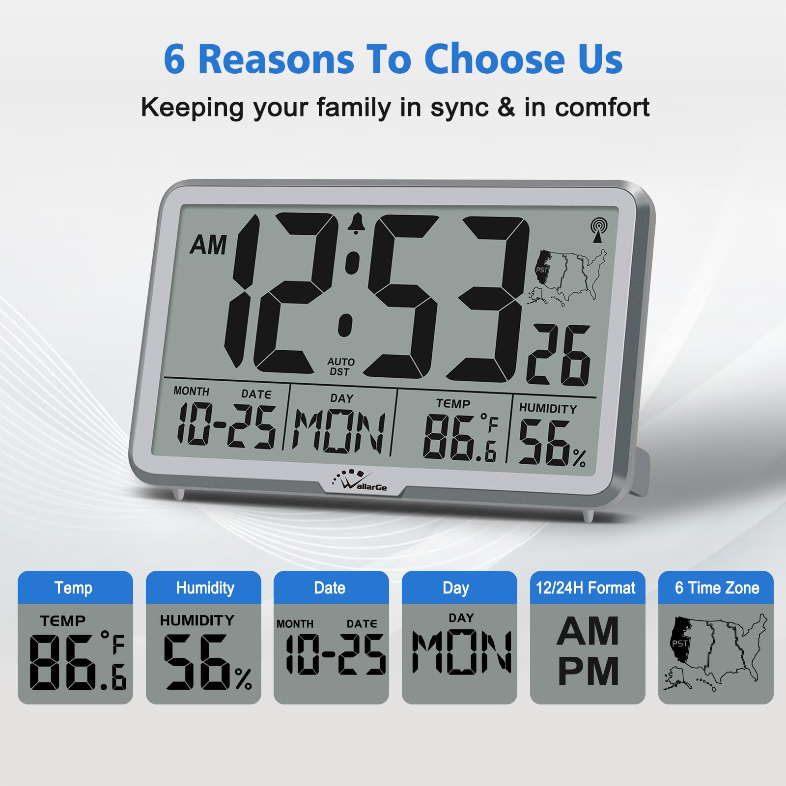 WallarGe Clock auto DST and six time zones for precise timekeeping.